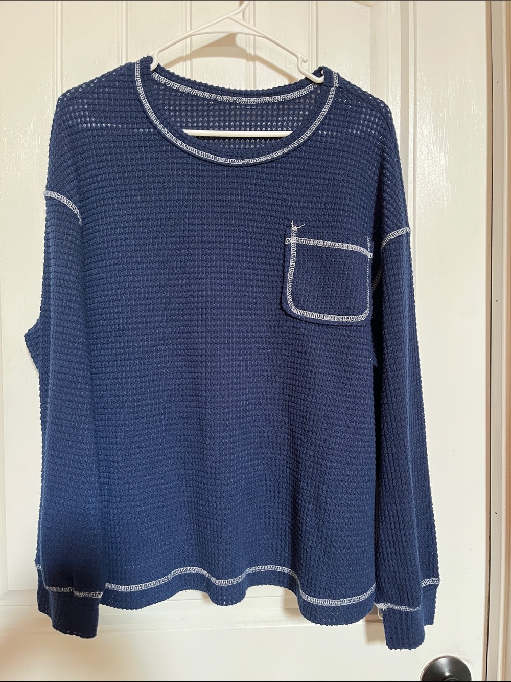 SHEIN Navy Waffle Knit Crewneck Sweater with Light Trim